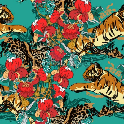 Sticker  Tigres et fleurs rouges fond vert