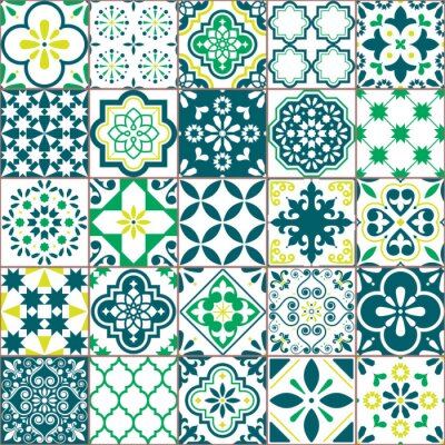 Tile vector pattern - Azulejo Lisbon retro old tiles mosaic, Portuguese seamless green design
