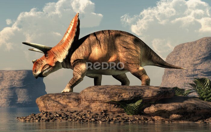 Sticker  Torosaurus sur un rocher au bord d’un lac