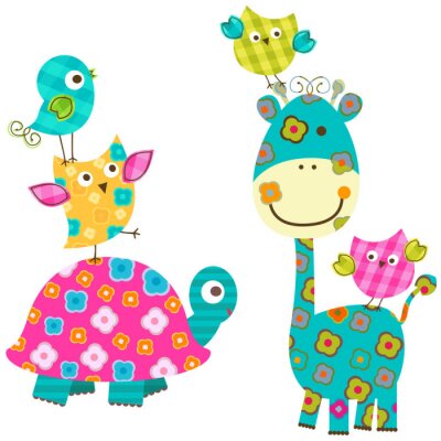 Sticker  Tortue et girafe entourées d'oiseaux colorés