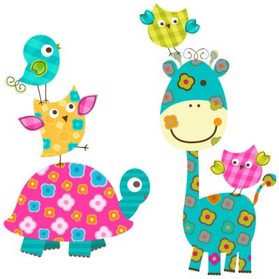 Sticker  Tortue et girafe entourées d'oiseaux colorés