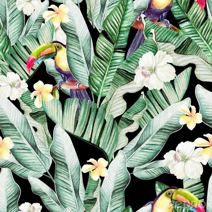 Sticker  Toucans parmi des feuilles de bananiers tropicales