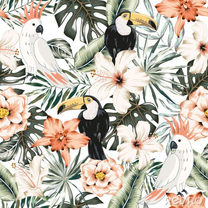 Sticker  Toucans, parrots, hibiscus, orchid flowers, monstera palm leaves, white background. Vector floral seamless pattern. Tropical illustratioExotic plants, birds. Summer beach design. Paradise nature