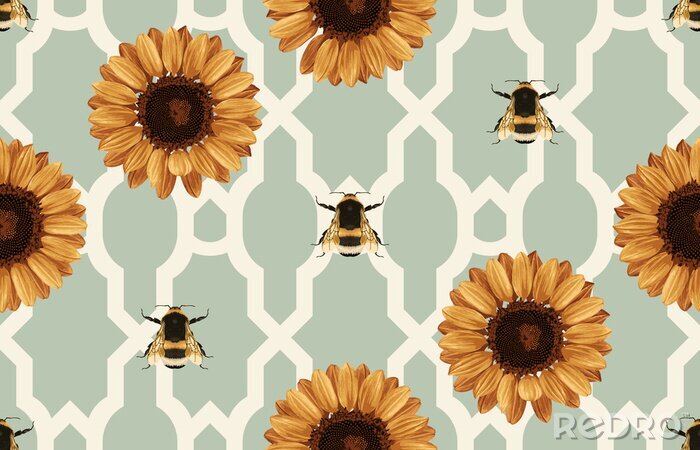 Sticker  Tournesols et abeilles sur un fond abstrait