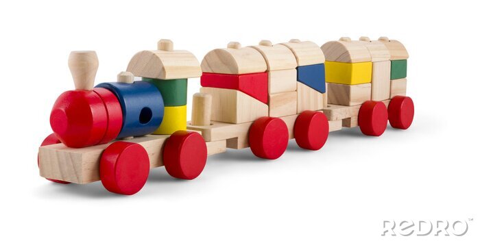 Sticker  Train jouet en bois avec des blocs colorés isolé sur blanc