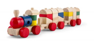 Sticker  Train jouet en bois avec des blocs colorés isolé sur blanc