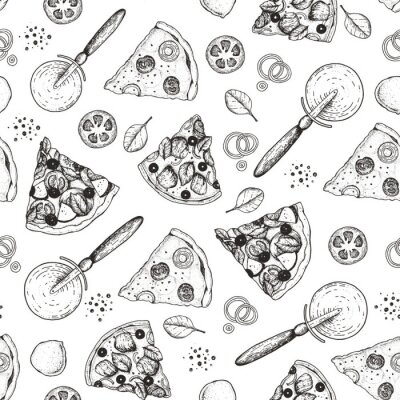 Tranches de pizza et ingrédients esquissés sur fond blanc