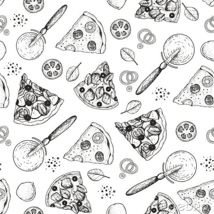 Sticker  Tranches de pizza et ingrédients esquissés sur fond blanc