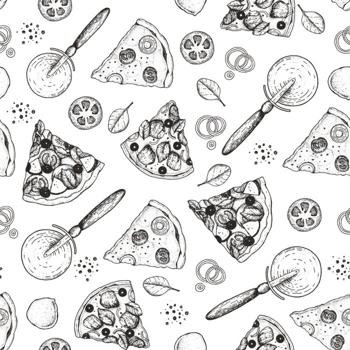 Sticker  Tranches de pizza et ingrédients esquissés sur fond blanc
