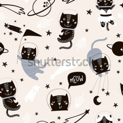 Sticker  Transparente motif enfantin avec les astronautes de chats mignons. Fond de pépinière créative. Parfait pour la conception, le tissu, l'emballage, le papier peint, le textile, l'habillement des