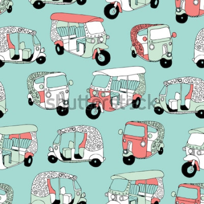 Sticker  Transport asiatique sans soudure icône Inde reine du motif de fond illustration pousse-pousse en vecteur