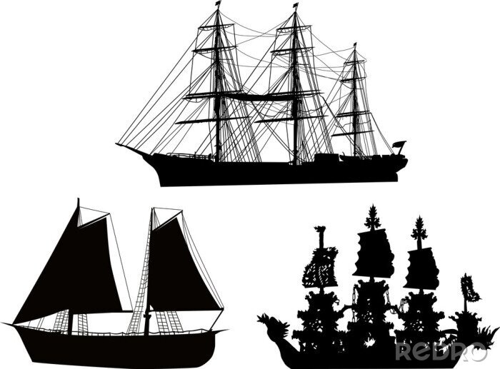 Sticker  trois bateaux noirs collection isolé sur blanc