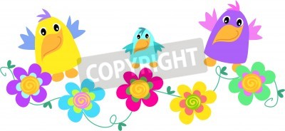 Sticker  Trois oiseaux souriants sur des fleurs arc-en-ciel