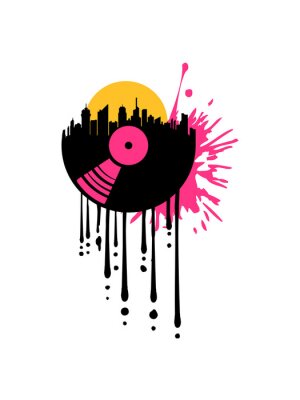 Sticker  tropfen graffiti spritzer sonne club vinyl stadt city silhouette wolkenkratzer hochhäuser großstadt musik party auflegen platte spielen tanzen disko mischpult cool logo design dj discjockey