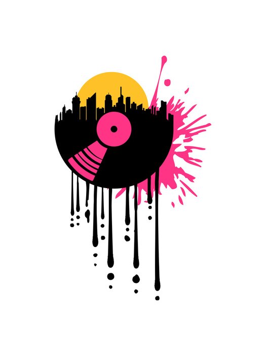 Sticker  tropfen graffiti spritzer sonne club vinyl stadt city silhouette wolkenkratzer hochhäuser großstadt musik party auflegen platte spielen tanzen disko mischpult cool logo design dj discjockey