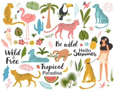 Sticker  Tropical exotic set with leaf, leopards, parrot, toucan, palm tree and quotes. Wild animals and birds. Summer vector illustration.