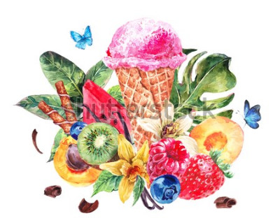 Sticker  Tropical hand painting summer watercolor natural eco food background with fruits, soft Italian fruit ice cream, summer nature exotic sale card