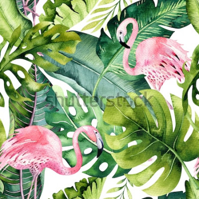 Sticker  Tropical isolated seamless pattern with flamingo. Watercolor tropic drawing, rose bird and greenery palm tree, tropic green texture, exotic flower. Aloha collection