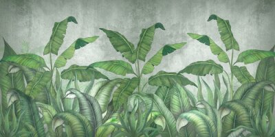 Tropical leaves on a gray background. Photo wallpaper with leaves. Fresco for the interior. Wall decor in grunge style. Painted green leaves. Photo wallpapers 3d.