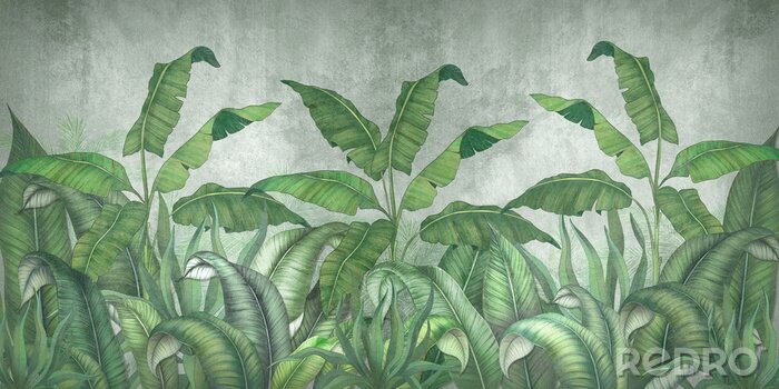 Sticker  Tropical leaves on a gray background. Photo wallpaper with leaves. Fresco for the interior. Wall decor in grunge style. Painted green leaves. Photo wallpapers 3d.