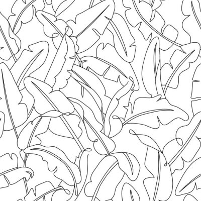 Sticker  Tropical leaves seamless pattern. Hand drawn outline banana leaf background. Modern line art, aesthetic contour. Vector illustration, black and white design    