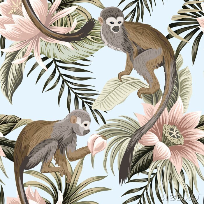 Sticker  Tropical vintage monkey animal, lotus flower, peach fruit, palm leaves floral seamless pattern blue background. Exotic jungle wallpaper.