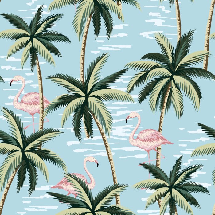 Sticker  Tropical vintage pink flamingo and palm trees floral seamless pattern blue background. Exotic jungle wallpaper.