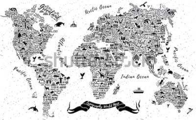 Sticker  Typography World Map. Travel  Poster with cities and sightseeing attractions. Inspirational Vector Illustration.