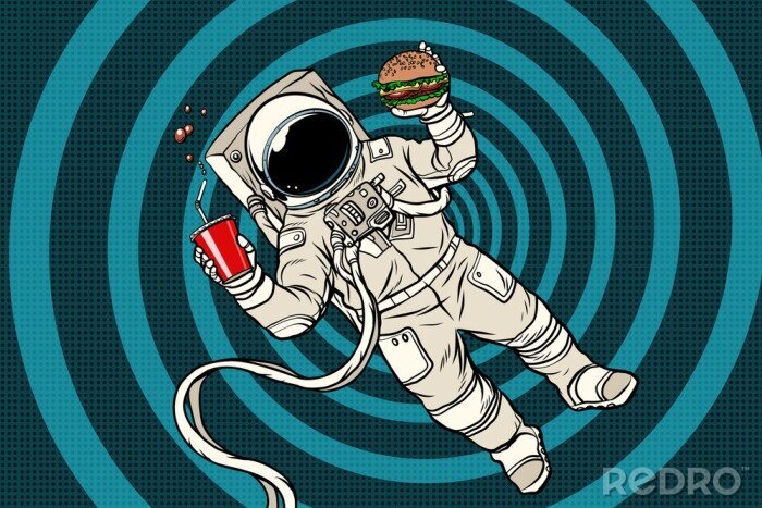 Sticker  Un astronaute en combinaison spatiale mangeant un hamburger