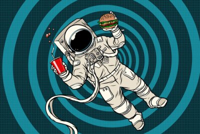Sticker  Un astronaute en combinaison spatiale mangeant un hamburger
