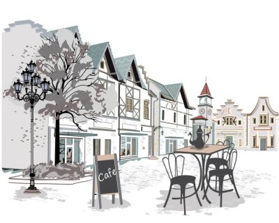 Un café de la vieille ville dans un style aquarelle