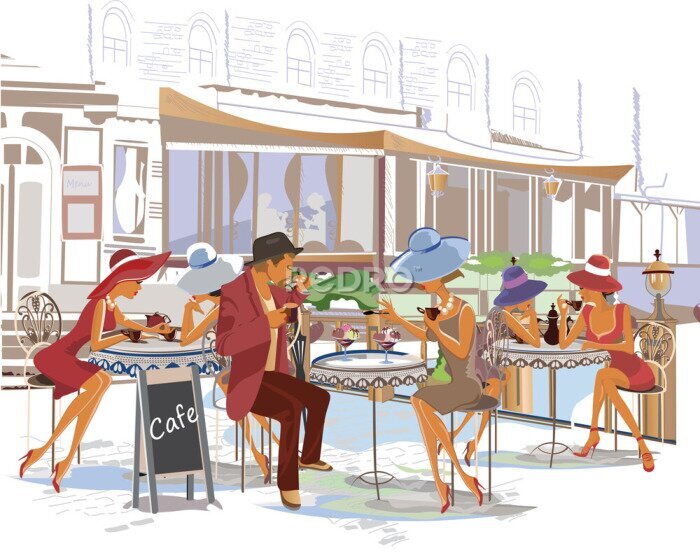 Sticker  Un café de la vieille ville dans un style aquarelle