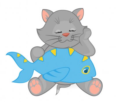 Sticker  Un chat gris tenant un gros poisson bleu-jaune