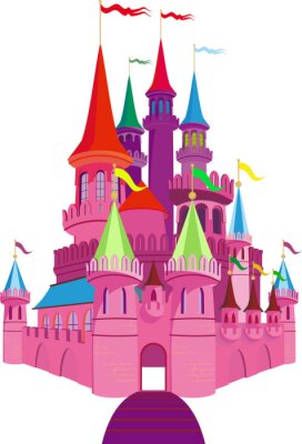 Un château de conte de fées rose avec de hautes tourelles