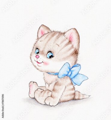 Poster  Un chaton portant un nœud papillon bleu dans un style cartoon