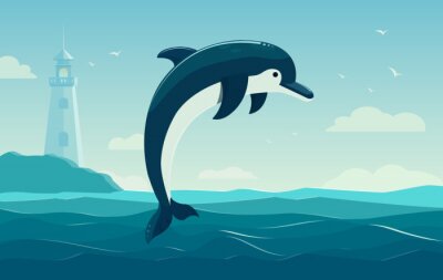 Sticker  Un dauphin de saut, fond bleu de mer avec des vagues et un phare. Illustration vectorielle