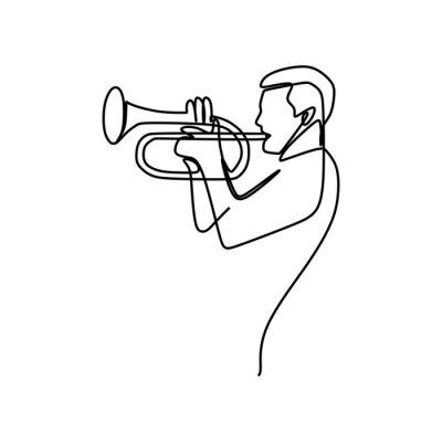 un dessin au trait de profil tir d'un musicien jouant de la trompette isolée sur fond blanc
