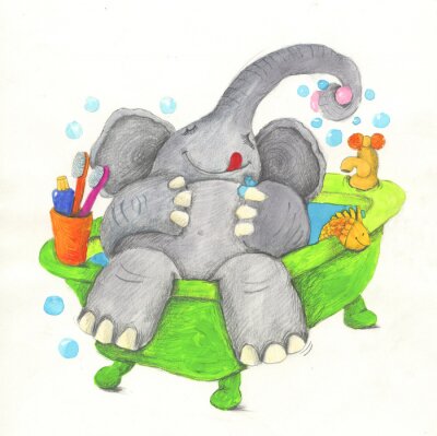 Sticker  Un éléphant se baignant dans une baignoire