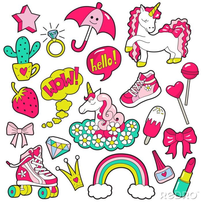 Sticker  Un ensemble de graphiques illustrant des thèmes girly colorés