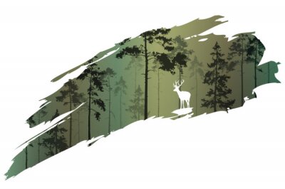 Sticker  un fragment de l'arrière-plan avec une forêt et un cerf pour votre conception. Illustration vectorielle