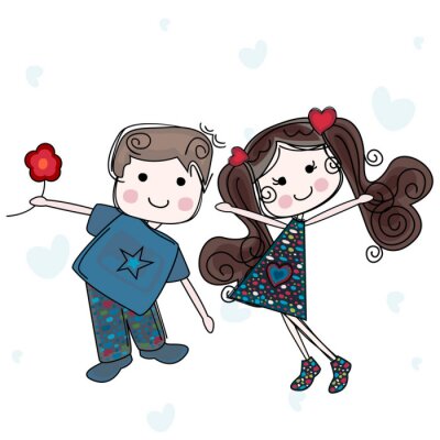 Sticker  Un garçon donnant une fleur rouge à une fille