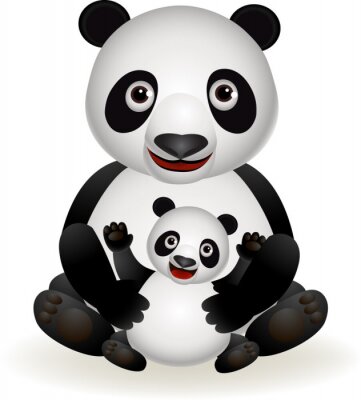 Un grand panda souriant tenant un plus petit