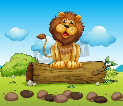 Sticker  Un lion assis sur une bûche de bois