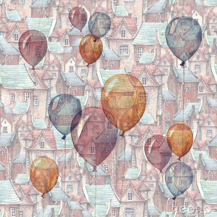 Sticker  Un modèle sans couture avec une illustration aquarelle de ballons et une vieille ville sur le fond. Toits, maisons en briques européennes et ballons volants - conte de fées romantique.