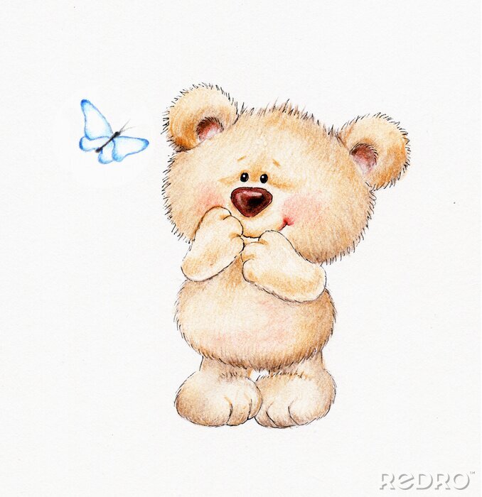 Sticker  Un ours mignon regardant un papillon