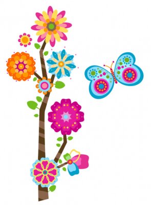 Sticker  Un papillon multicolore par une fleur abstraite d'arc-en-ciel