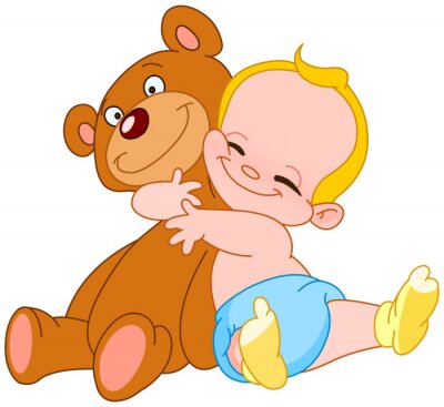 Sticker  Un petit bébé étreignant un ours en peluche