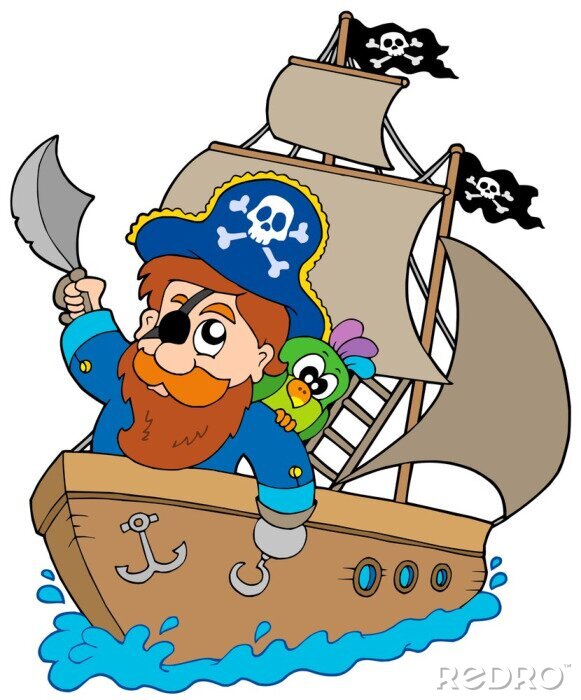 Sticker  Un pirate dans un manteau bleu sur un bateau