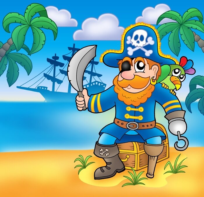 Sticker  Un pirate en tenue bleue avec un perroquet sur son épaule