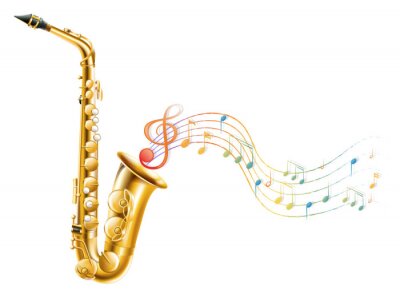 Sticker  Un saxophone d'or avec des notes de musique
